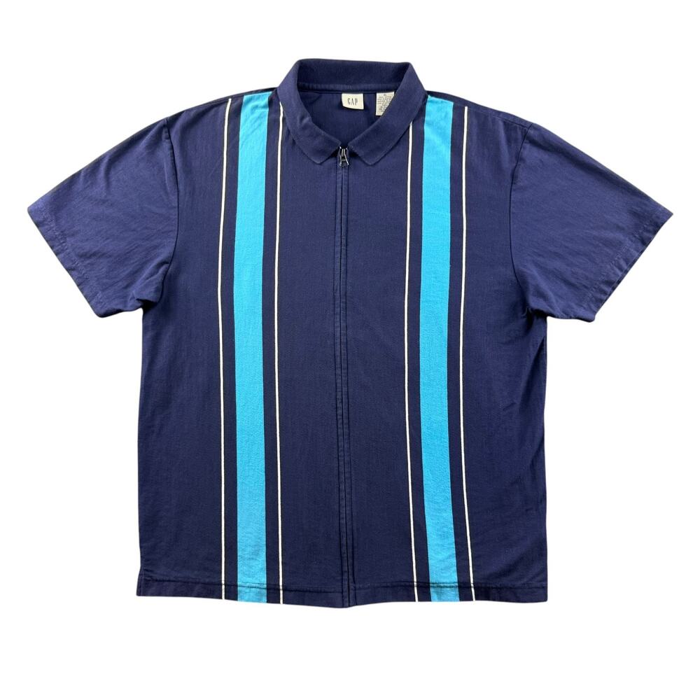 Vintage GAP Full Zip Polo Shirt Men's XL Blue Teal Striped Colorblock 90s Cotton